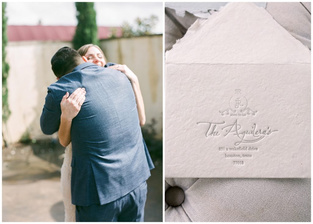 Letterpress invitation suite on film and bride and groom hugging at Austin Texas wedding
