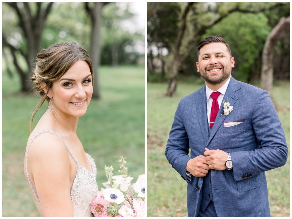 Bride and groom individual smiling portraits at spring wedding