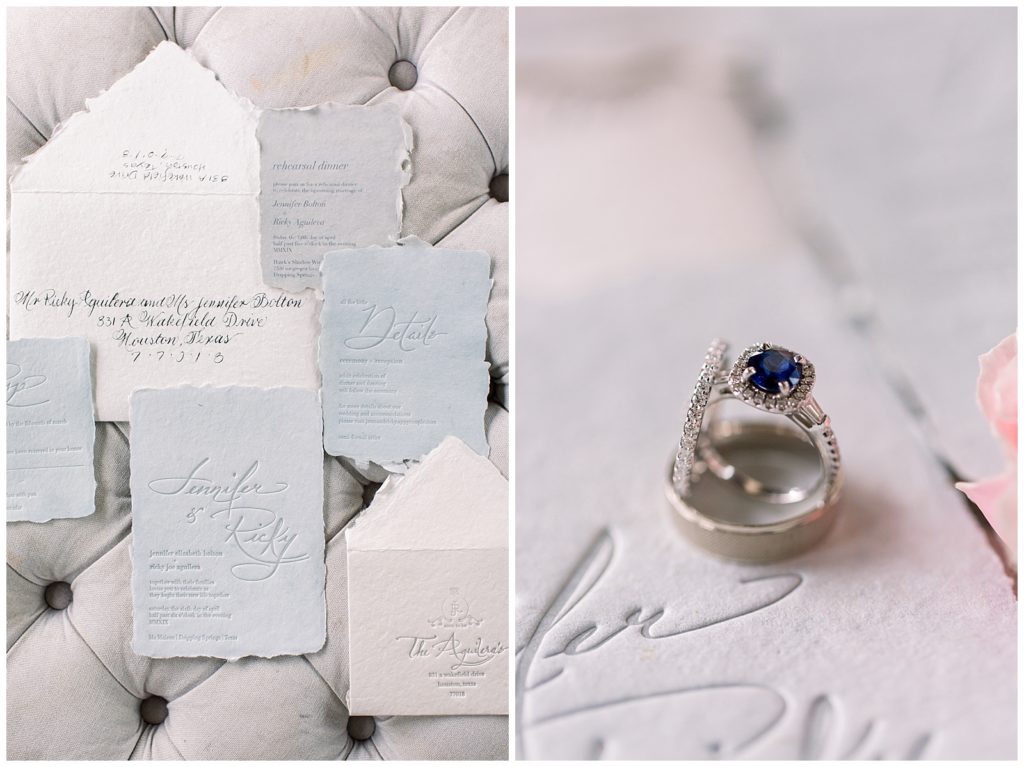 Letterpress invitation suite and sapphire ring in Austin, Texas