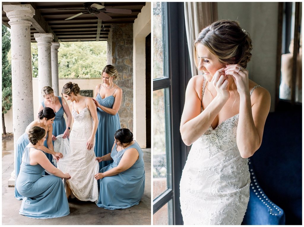Bridal party surrounds bride to fluff her dress at Ma Maison