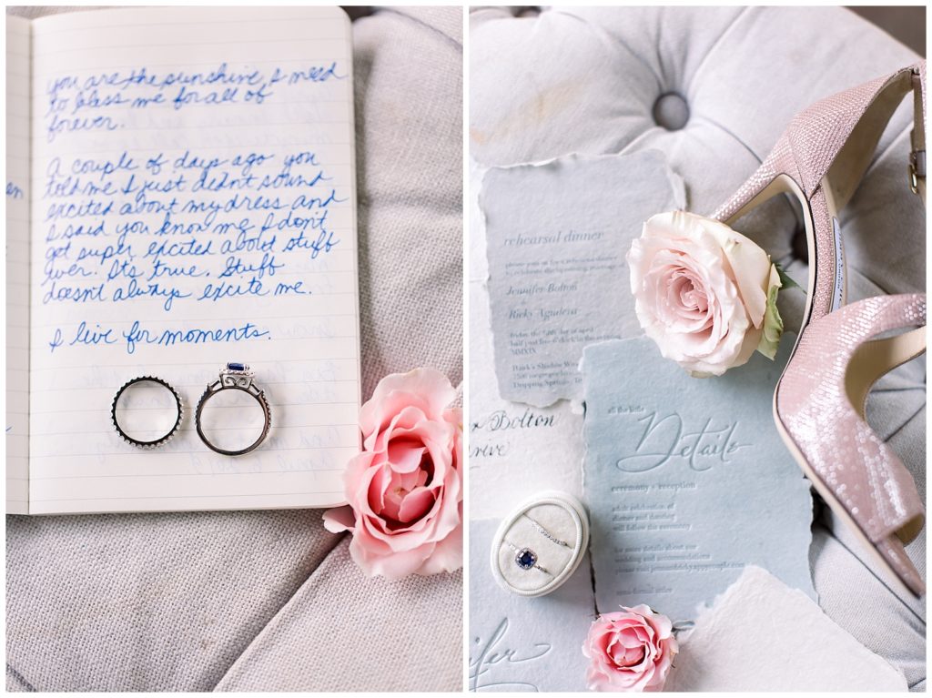 Handwritten vows and pink bridal shoes with floral details by AGS Photo Art