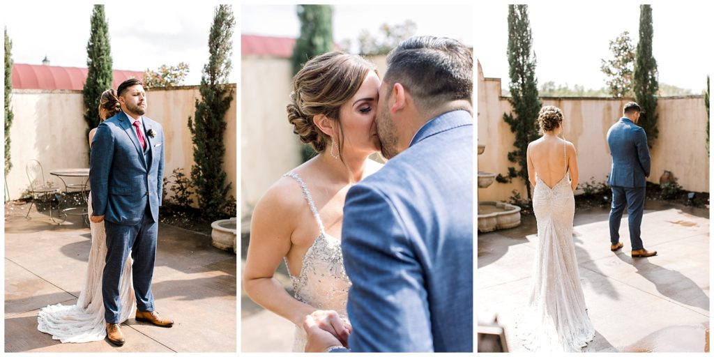 Bride and groom kiss after seeing each other for first time on wedding day