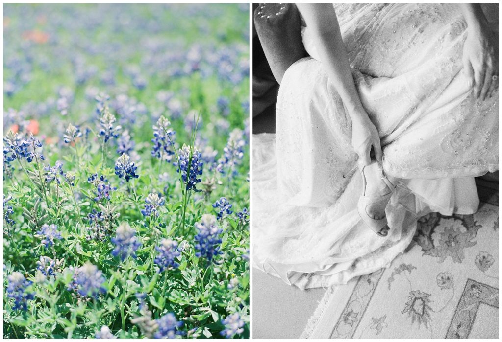 Spring lupine wildflowers and bride getting dressed at Ma Maison