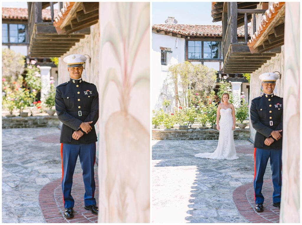 Military groom waiting to see his bride for the first time in Carmel, CA