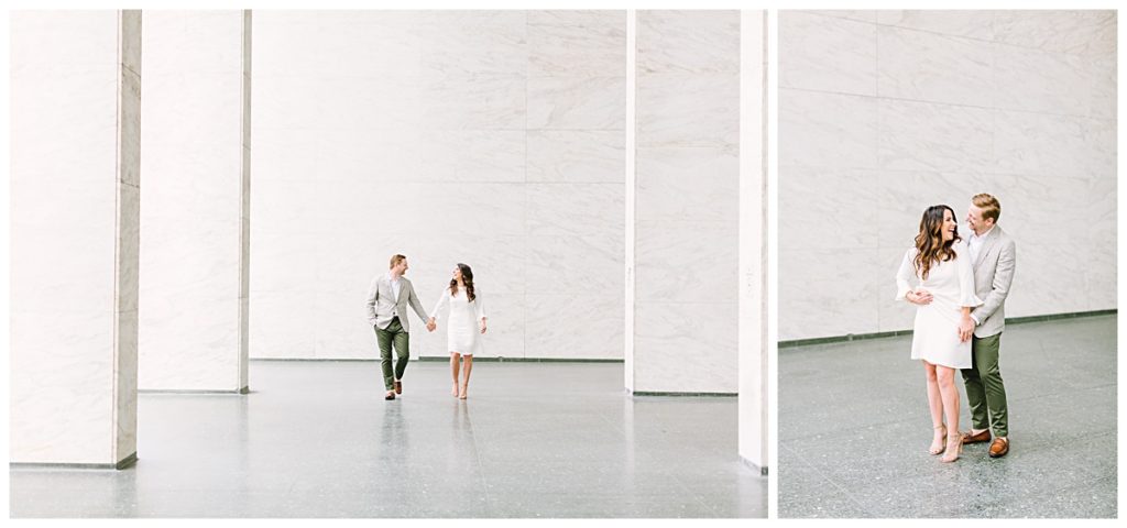 Modern couple poses for minimalist engagement photos in San Francisco, CA