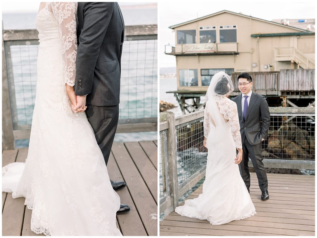 Bride and groom see each other for first time before wedding on Cannery Row in Monterey, CA