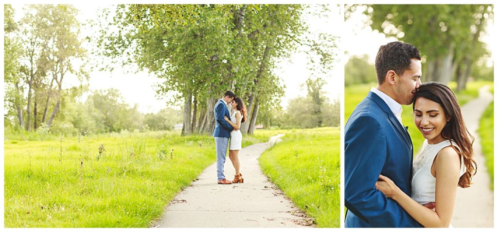 Lush green spring engagement session with cute couple in white dress and blue blazer in Carmel, CA