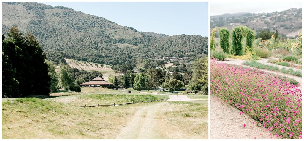 Carmel Valley Ranch Hills. Natural walk way lined with grass and pink flowers.