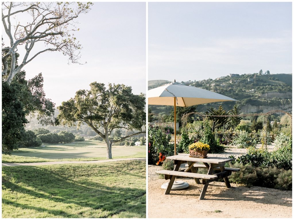 Carmel Valley Ranch Organic Garden. A picnic table with an umbrella and a box of flowers.