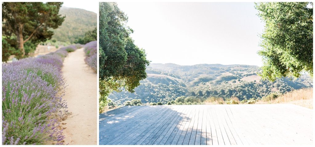 Carmel Valley Ranch walk way lined with purple flowers and trees. Yoga Platform overlooking the hills and valleys.