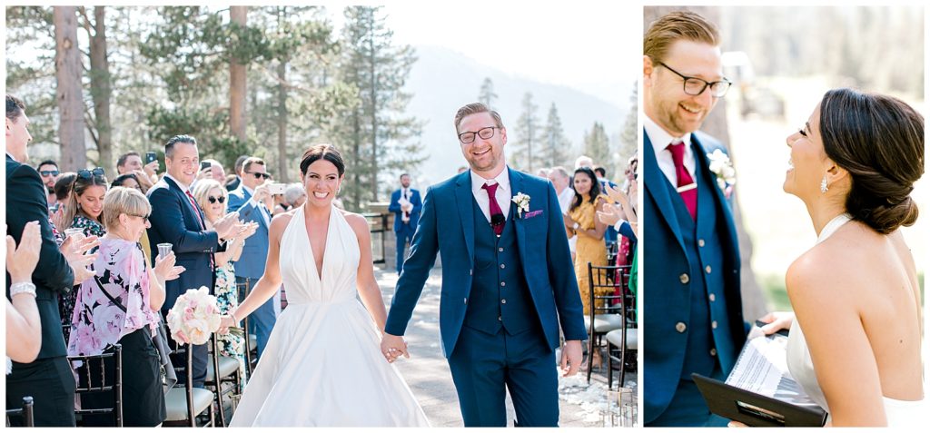 Couple exiting wedding ceremony outdoor lake tahoe