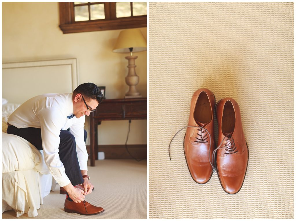 Groom getting ready in bedroom and leather shoes