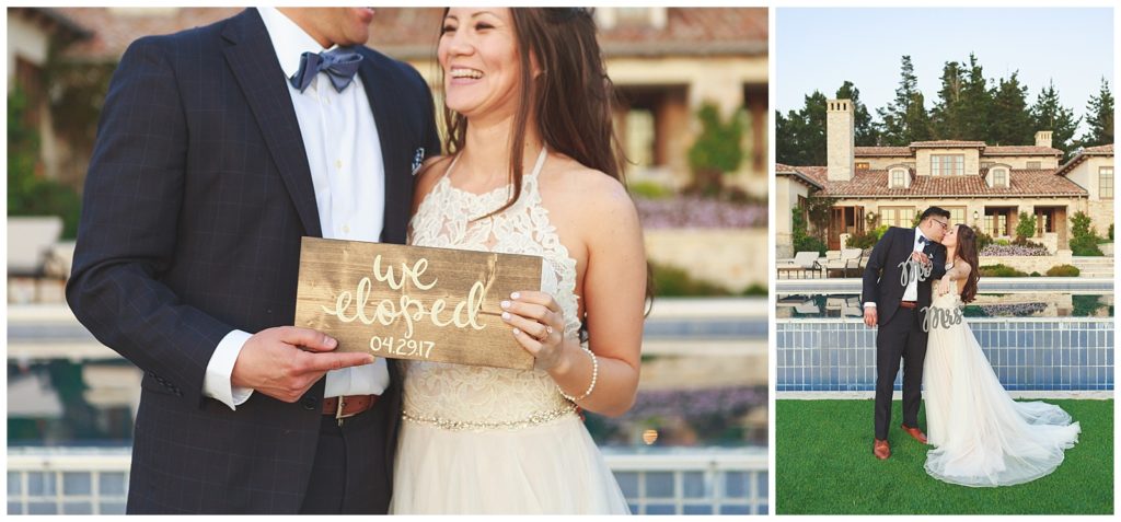 We Eloped signs bride and groom holds