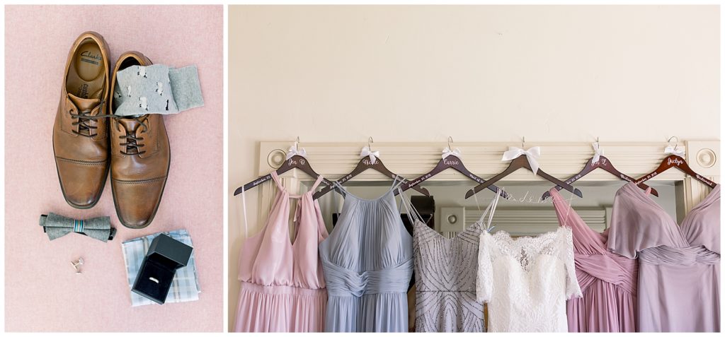 bridesmaids dresses on custom hangers and groom details