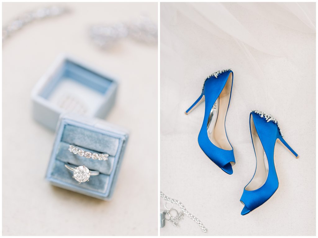 bridal ring and something blue shoes wedding bag