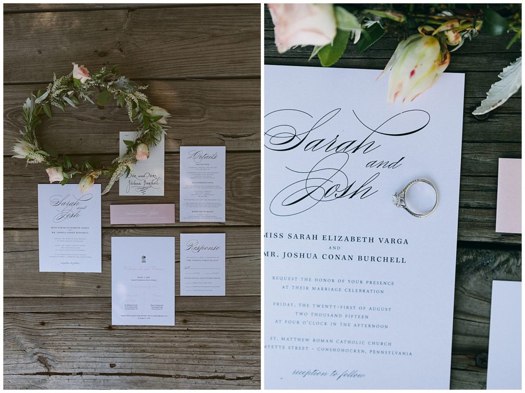 invitation suite with bridal floral crown and ring
