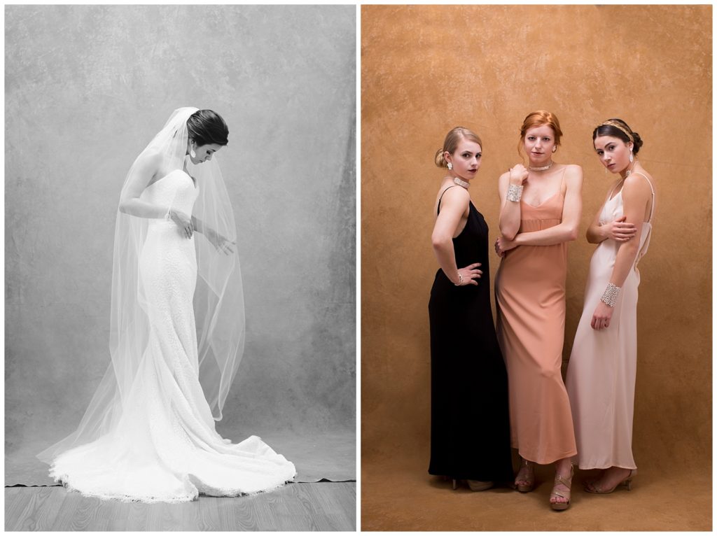 black and white bridal portrait with bridesmaids in color