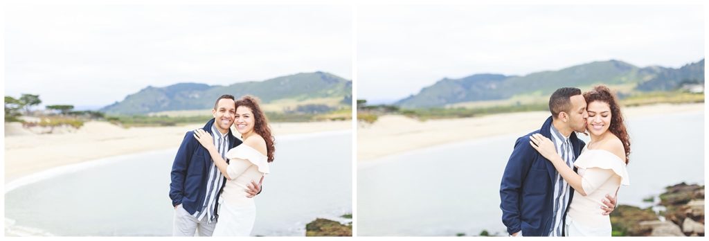 engagement portrait of couple with the shoreline in the background