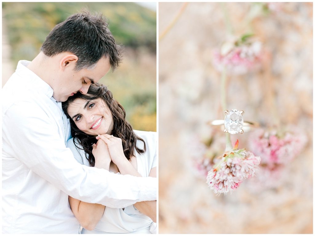 close up of couple portrait with ring details in pink flowers