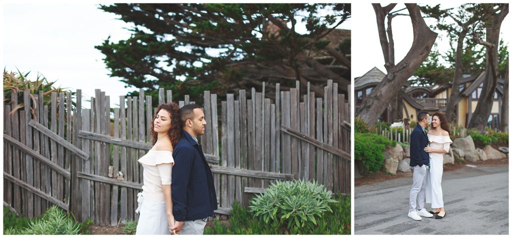 portaits of a couple back to back in front of a wooden fence and trees