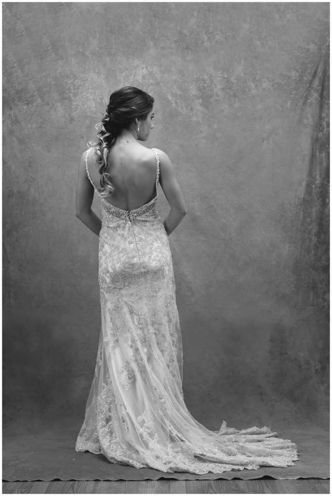 back view ofa black and white bridal portrait