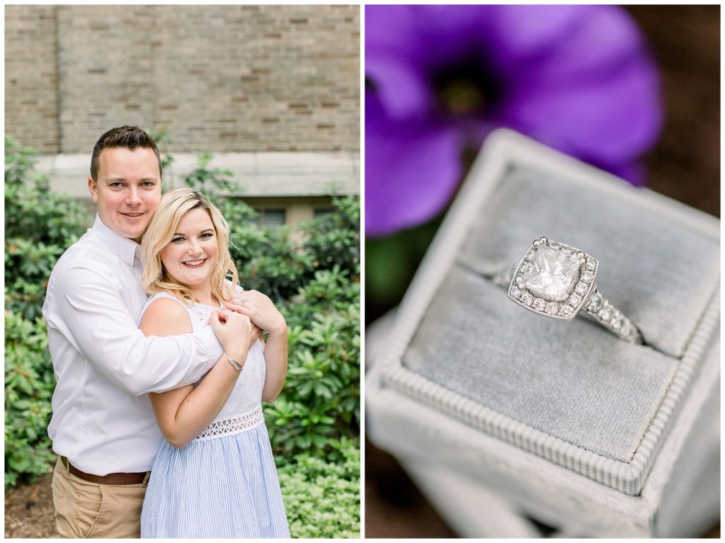 couple portrait with close up of ring details and a purple flower