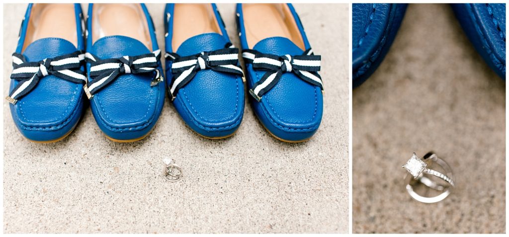 close up of blue shoes with ribbons and ring details