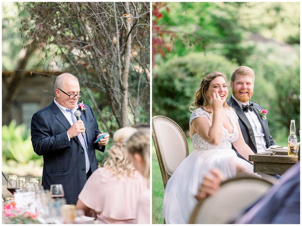 man giving a speech at wedding while couple smiles at him