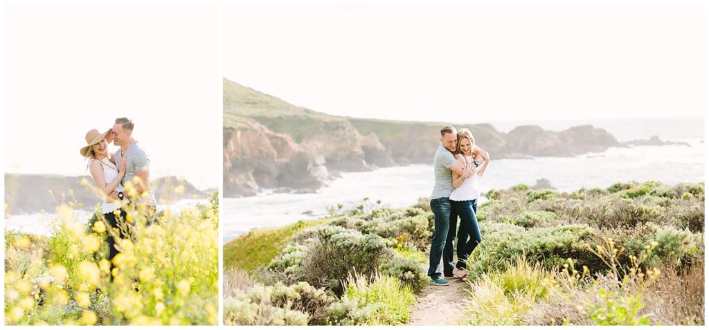 Big Sur couple portraits in wildflower fields with the Pacific Ocean behind them