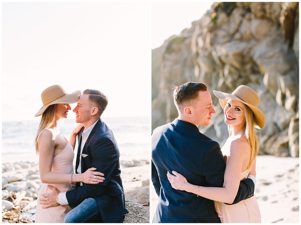 floppy hat couple on the coast of Big Sur embracing with rocky cliffs in the background