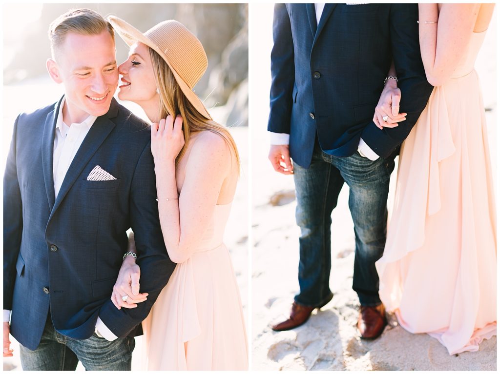 romantic Big Sur beach couples portraits on the sand, navy sports coat and pastel pink dress