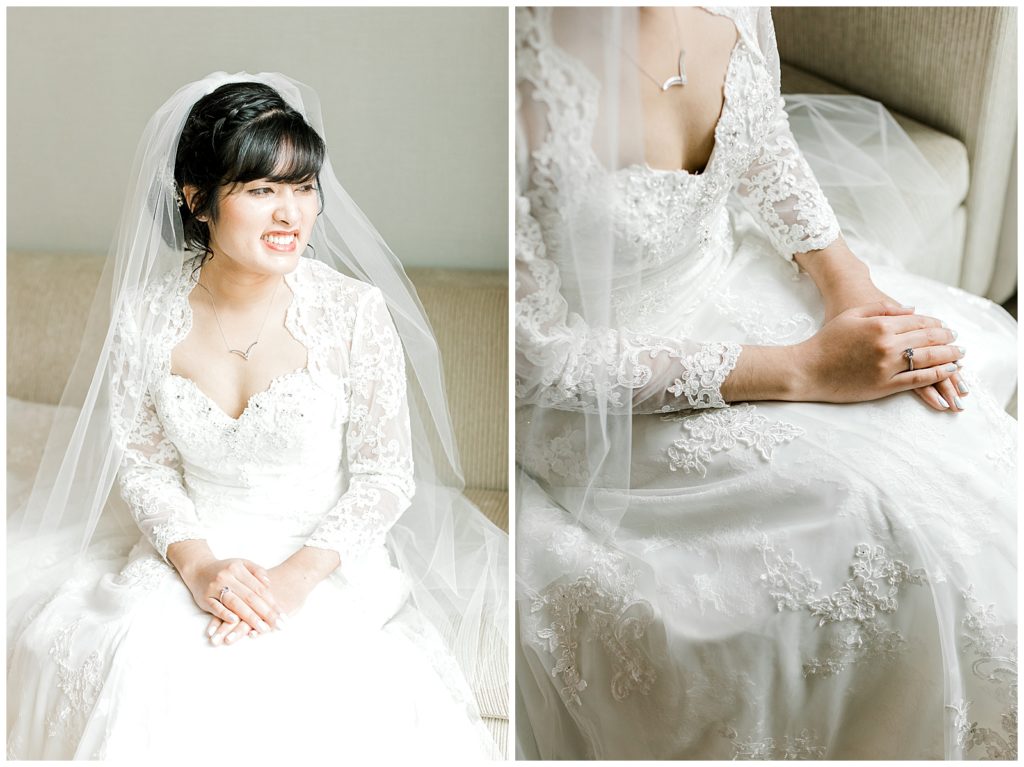 pretty asian bride sitting by window bridal portrait Monterey California lace dress