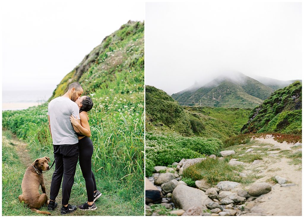 couple kissing with their dog looking at the camera, foggy green mountains of Big Sur proposal
