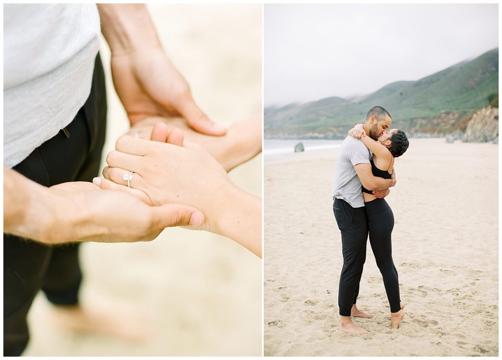 close up of a couple's hands with a ring, hugging on the beach