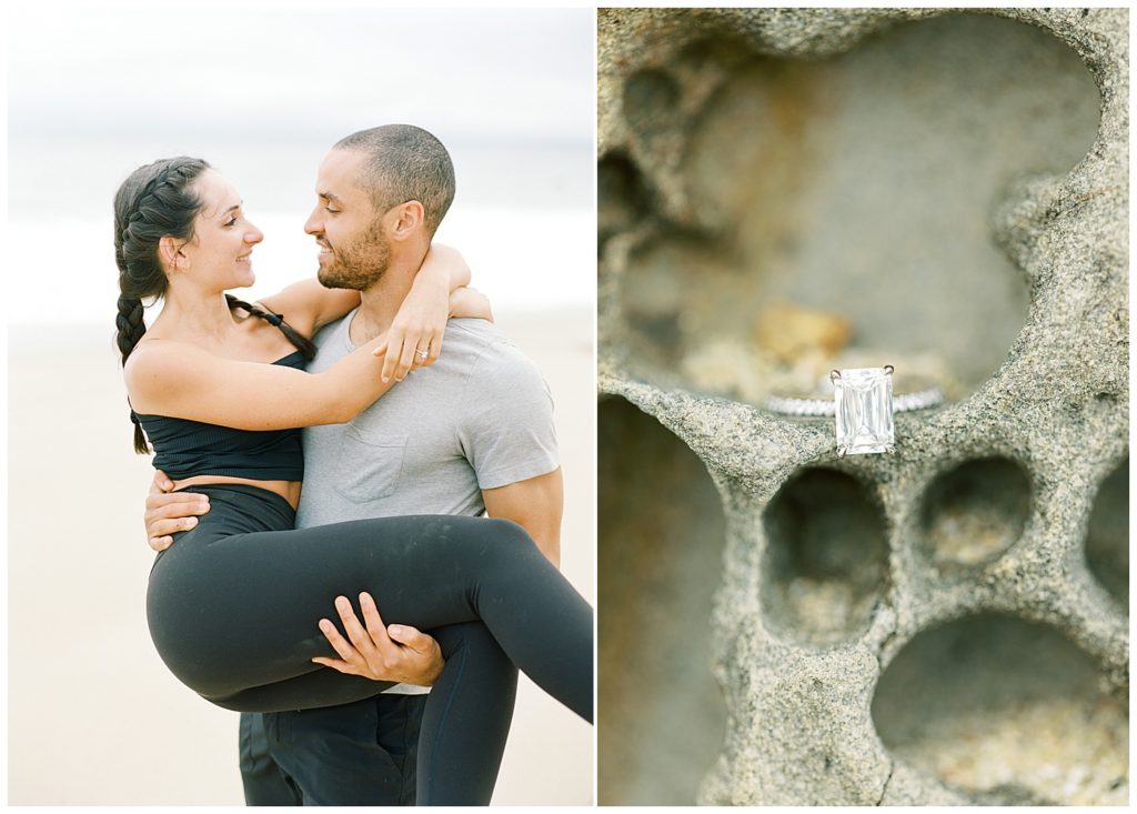 couple in each other's arms, ring above a dog's pawprint in the sand