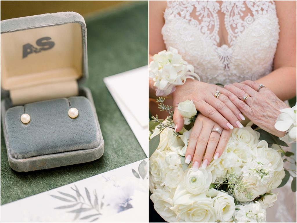 classic summer wedding family heirloom brides pearls and generational rings Holman Ranch California