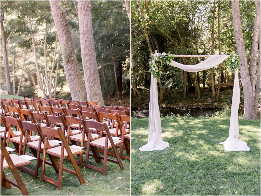 Wedding ceremony in Big Sur, redwood chairs with eucalyptus arch