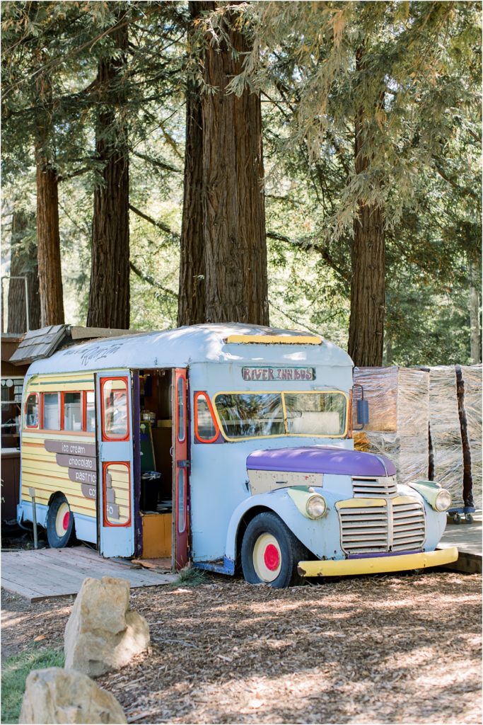 Big Sur River Inn charming bus at gas station by film photographer AGS Photo Art