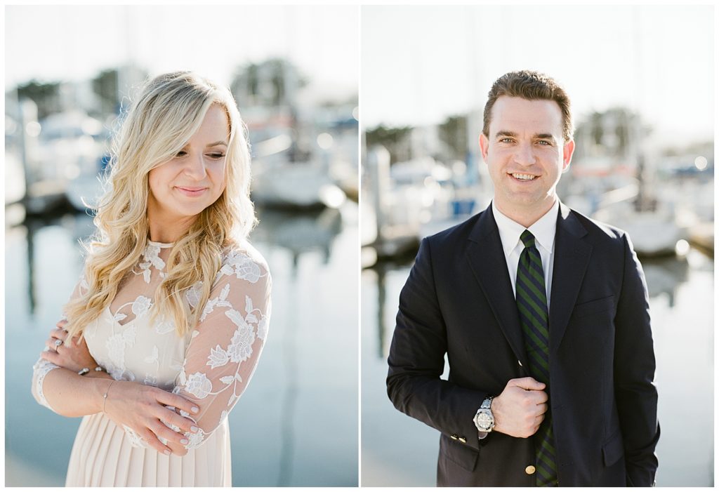 side by side solo Carmel Beach Session portraits of the couple in a white lacy dress and dark sports coat by film photographer AGS Photo Art