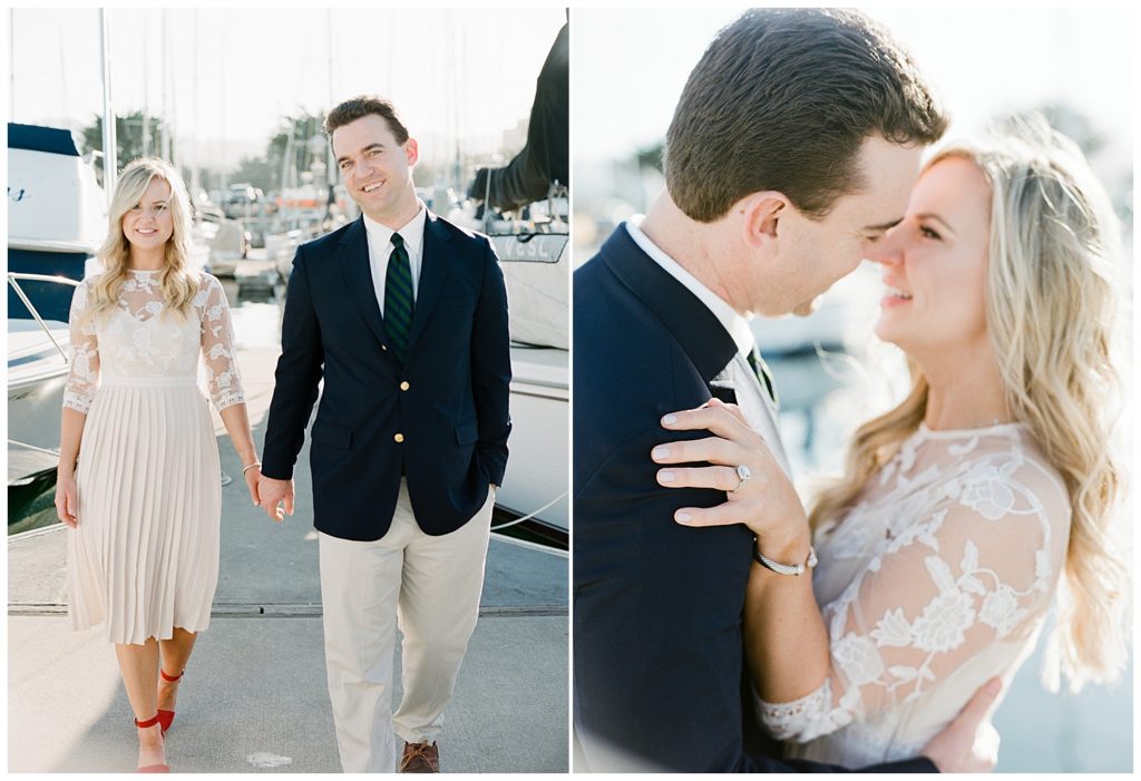 couple walking on the docks, hand in hand then embracing and looking into each other's eyes