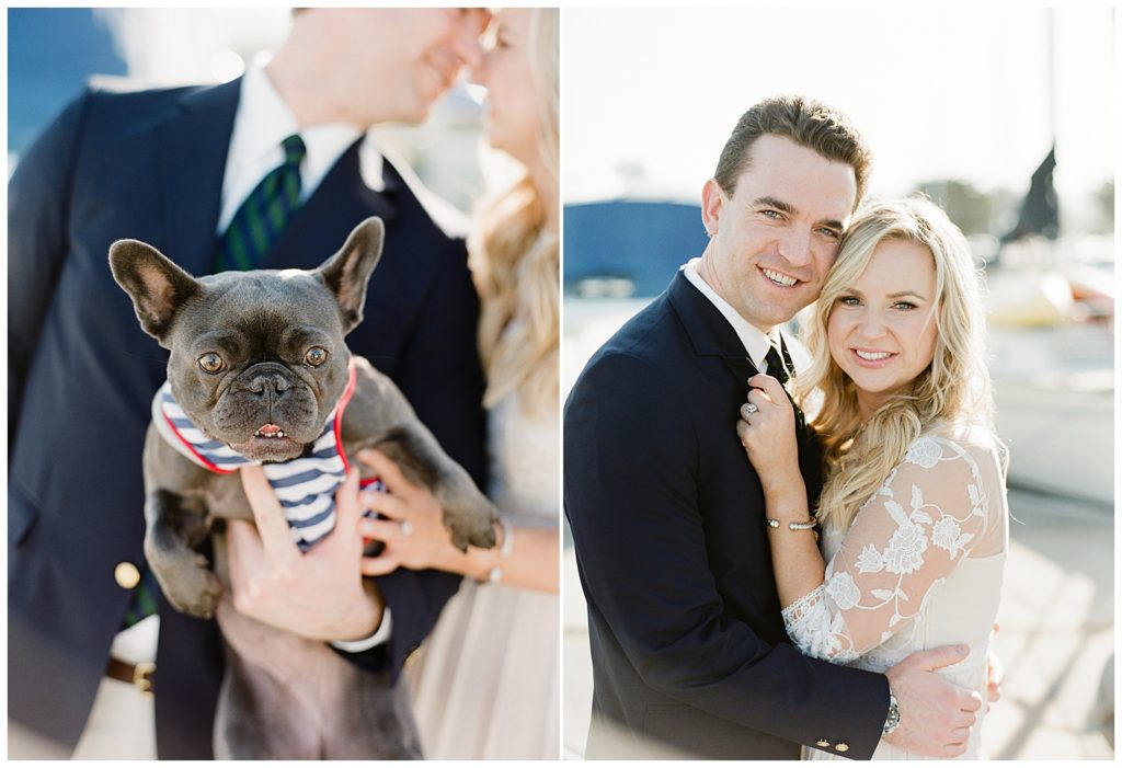 close up photo of couple's French bulldog side by side with another portrait of the couple embracing and smiling at the camera by film photographer AGS Photo Art