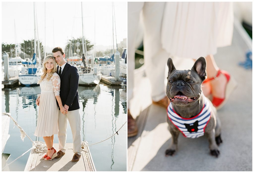 couple posing on the docs side by side with a close up photograph of their French bulldog at their feet by film photographer AGS Photo Art