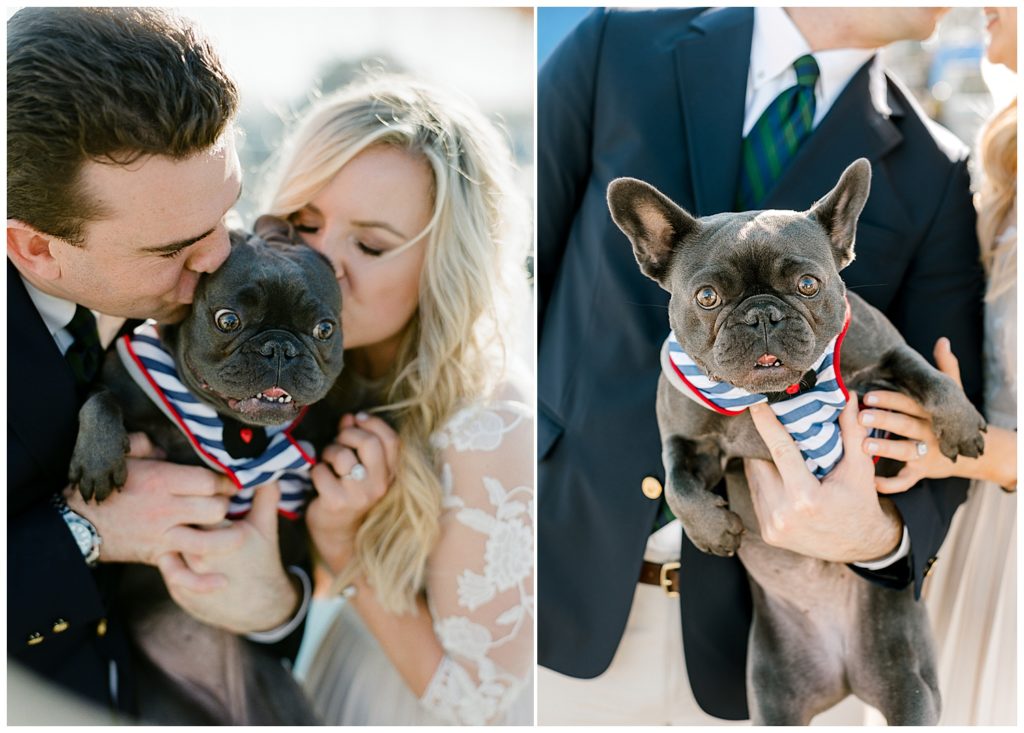 couple leaning in to kiss their adorable French bulldog by film photographer AGS Photo Art