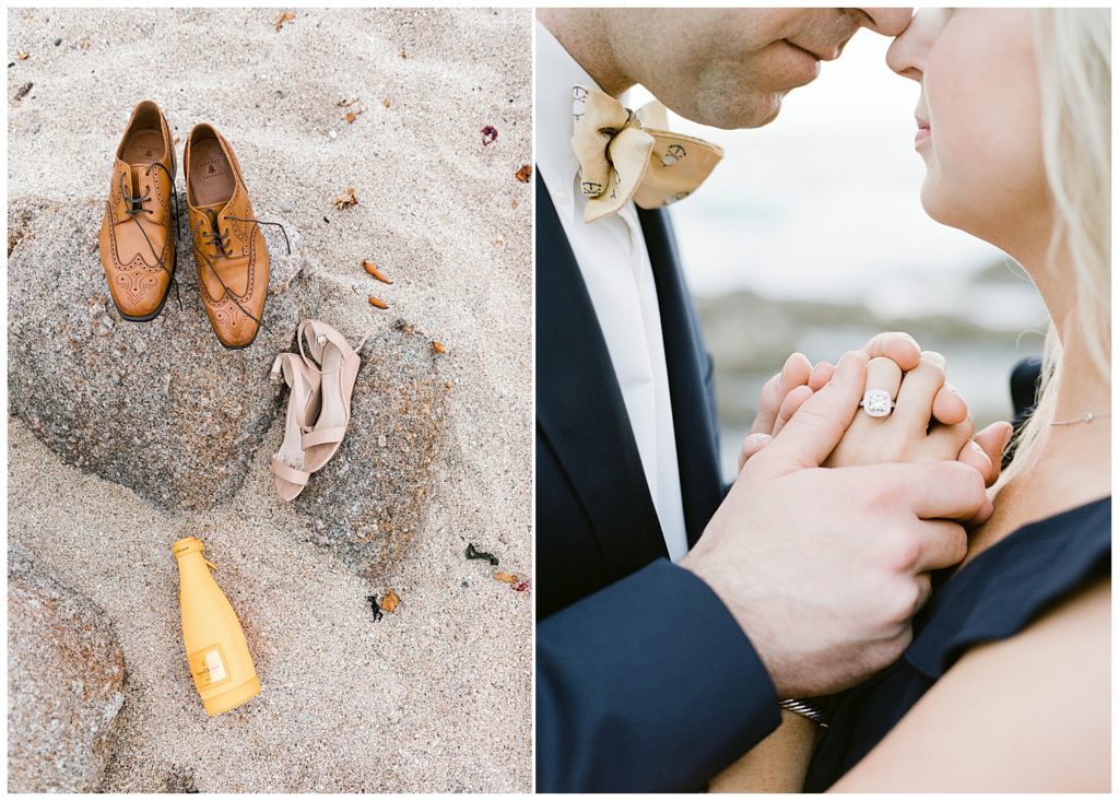 His and Her shoes on the sandy rocks  at Carmel Beach with a yellow champagne bottle, close up of her ring while the couple embraces by film photographer AGS Photo Art