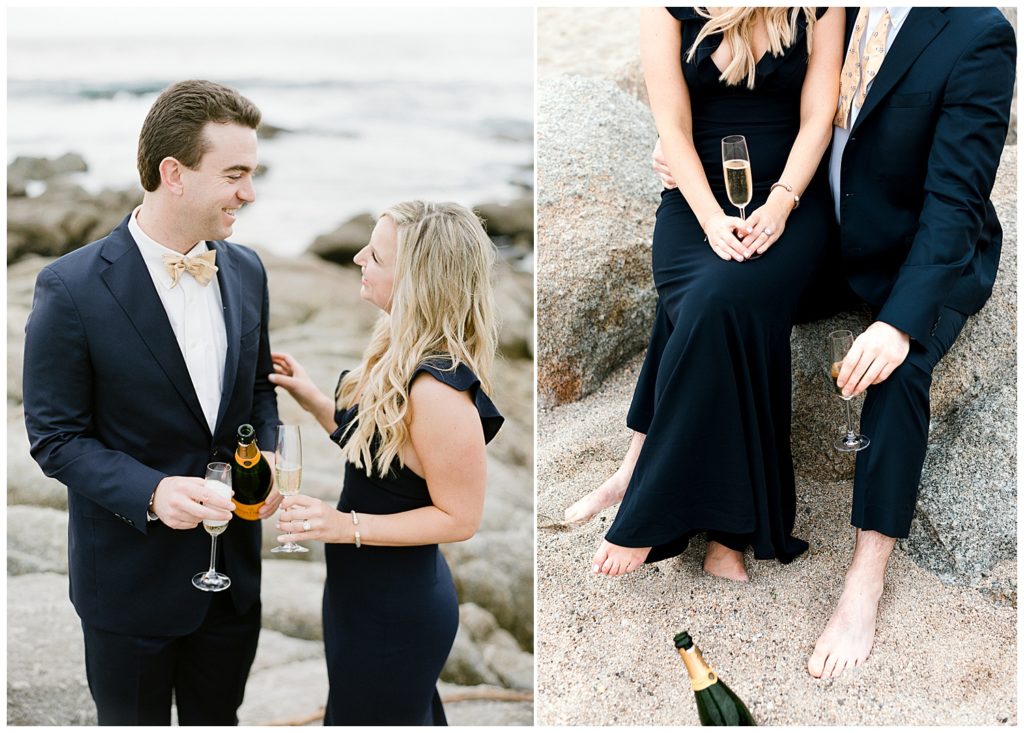 barefoot deep navy blue suit and gown couple with champagne flutes and bottle on the sandy Carmel Beach rocks by film photographer AGS Photo Art