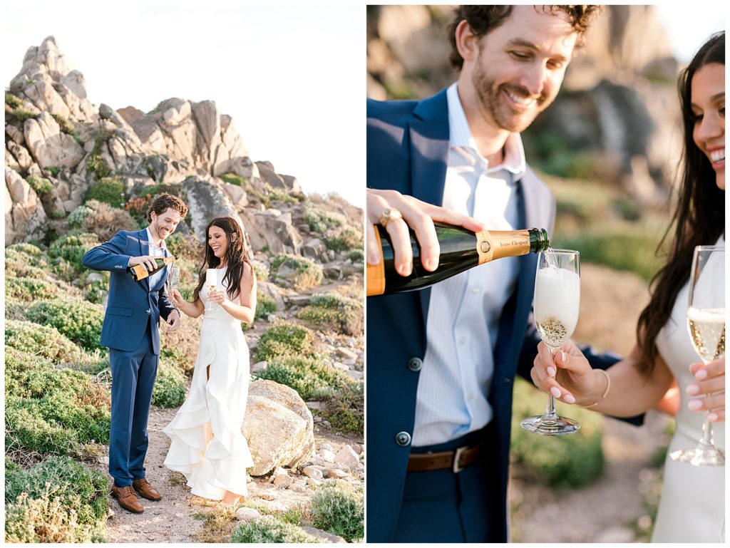 green rocky hills couple pouring champagne into flutes and smiling