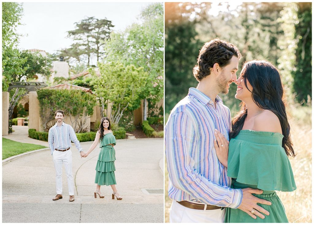 green dress and striped button up shirt; couple holding hands and standing in front of a building with lush greenery