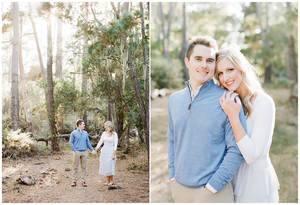 smiling couple portraits in the forest with sunshine trickling in through the leaves