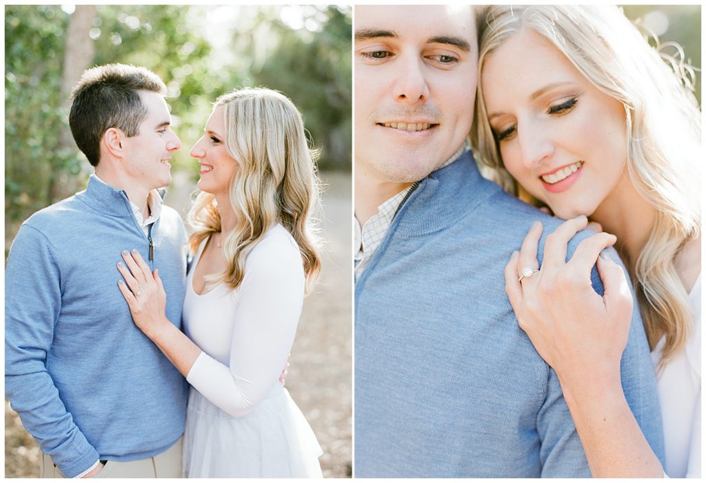 couple smiling into each other eyes side by side with another photo that's a close up of her engagement ring on her fiancé's shoulder