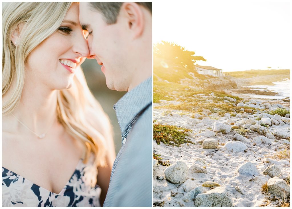 couple touching their noses together and smiling side by side with a photo of the rocky shoreline of Pebble Beach by film photographer Ags Photo Art